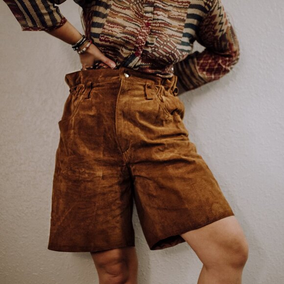 Vintage Brown Suede Leather Paper Bag Shorts High Rise | Size L/XL - Picture 1 of 13
